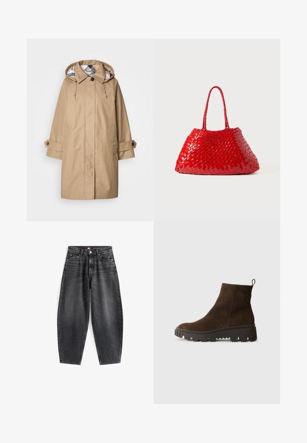 Pardesi bej cu glugă, având căptușeală interioară cu model în carouri, manșete butonate și buzunare frontale. Fabricat dintr-un material rezistent la apă.; Polo shirt albastru deschis cu mânecă lungă, cu dungi orizontale gri și alb și guler.; Jeans din denim negri cu talie înaltă și croială lejeră, având cinci buzunare, bucle pentru curea și etichetă de marcă pe talie.; Botină din suede maro, cu o talpă din cauciuc negru masiv, având un toc ușor și o bandă de prindere în spate pentru a fi ușor de îmbrăcat.; Geantă roșie din sfoară cu un finisaj lucios, având mânere împletite. Formă triunghiulară distinctivă și suprafață texturată cu un model strâns.