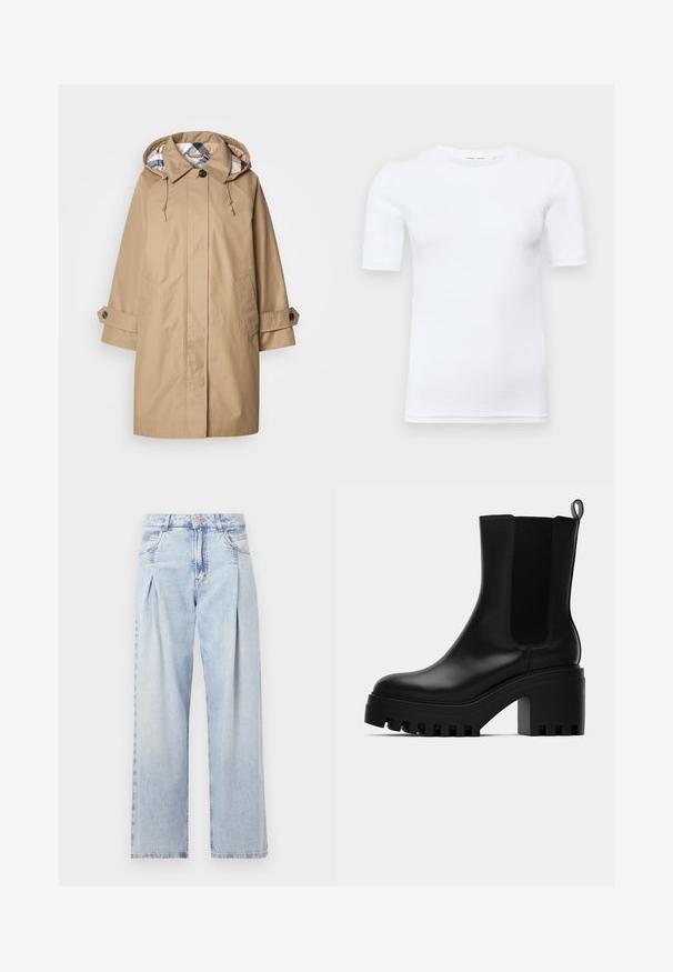 Beige regenjas met een capuchon, voorzien van een gevoerd binnenwerk met een ruitpatroon, knoopmanchetten en voorzakken. Gemaakt van een waterafstotende stof.; Witte korte mouw t-shirt gemaakt van katoen. Heeft een ronde halslijn en een gladde textuur, met minimale stiksels zichtbaar aan de zoom.; Lichtblauwe denim jeans met een hoge taille, wijde pijpen, twee zijzakken en geplooid ontwerp. Zachte textuur met een vervaagd uiterlijk.; Zwarte lederen enkelboot met ronde neus, chunky plateauzool en mesh zijaccenten. Voorzien van een trekband voor gemakkelijk aan- en uittrekken.