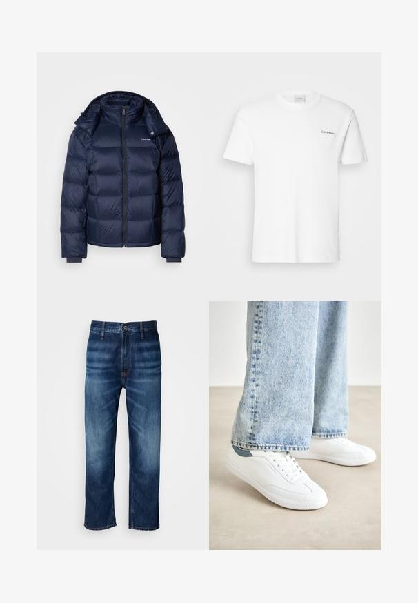 Giacca a vento navy in tessuto lucido e trapuntato. Presenta un colletto alto, zip frontale completa e polsini aderenti per il calore. Logo sul petto.; T-shirt bianca in cotone con maniche corte e scollo rotondo. Presenta un piccolo logo nero "Calvin Klein" sul lato sinistro del petto.; Jeans in denim blu scuro a gamba dritta con leggera sbiaditura sulle cosce e chiusura a bottone in vita, esposti su uno sfondo bianco.; Sneakers bianchi con materiale liscio, design con lacci, suola di gomma testurizzata e un accento verde acqua sul tallone, abbinate a jeans azzurri.