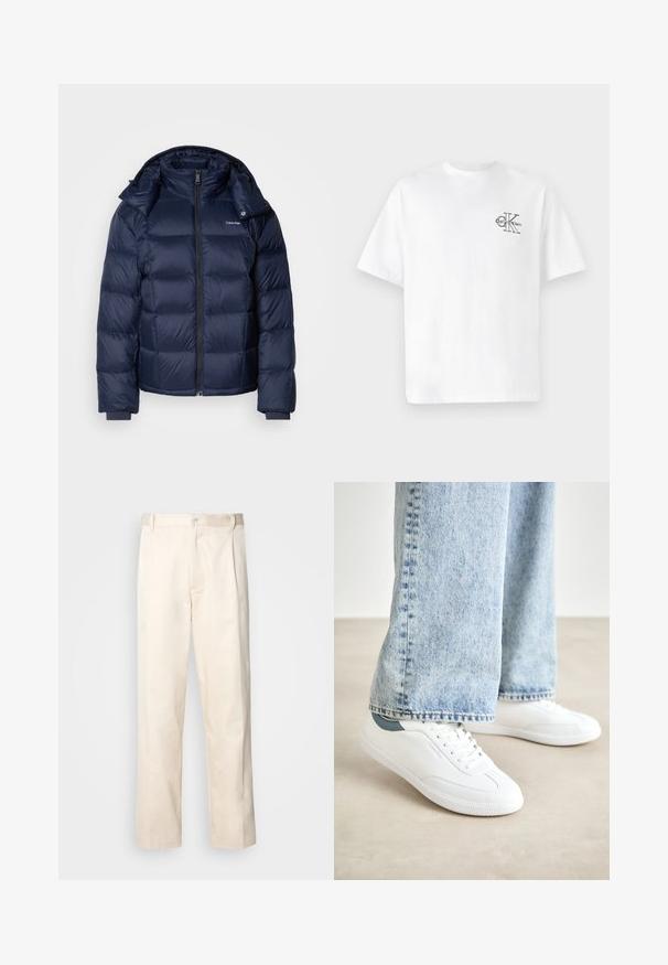Navy puffer jacket made of shiny, quilted fabric. Features a high collar, full front zipper, and fitted cuffs for warmth. Logo on the chest.; White cotton t-shirt with short sleeves, crew neck, featuring a black CK logo on the left chest area, standard fit, smooth texture.; Beige cotton trousers with a straight-leg cut, featuring a button closure and pleats at the front for added detail.; White sneakers with smooth material, lace-up design, textured rubber sole, and a teal accent at the heel, paired with light blue jeans.