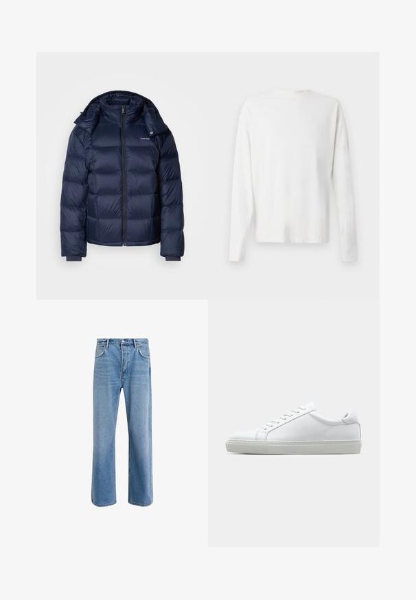 Mornarska puffer jakna napravljena od sjajnog, prešivanog materijala. Ima visoki ovratnik, puni prednji patentni zatvarač i prilagođene manžetne za toplinu. Logo na grudima.; Bijela pamučna košulja dugih rukava s okruglim izrezom, bočnim prorezima pri dnu i glatkom teksturom, prikazana s leđa.; Svijetloplave traperice s ravnim nogavicama, pet džepova, zatvaranjem na gumb, minimalnim izbljeđivanjem i kontrastnim šavovima.; Bijela tenisica s glatkim kožnim gornjim dijelom i niskim profilom. Ima zaobljen vrh, šest rupica za vezanje i teksturiranu gumenu podlogu.