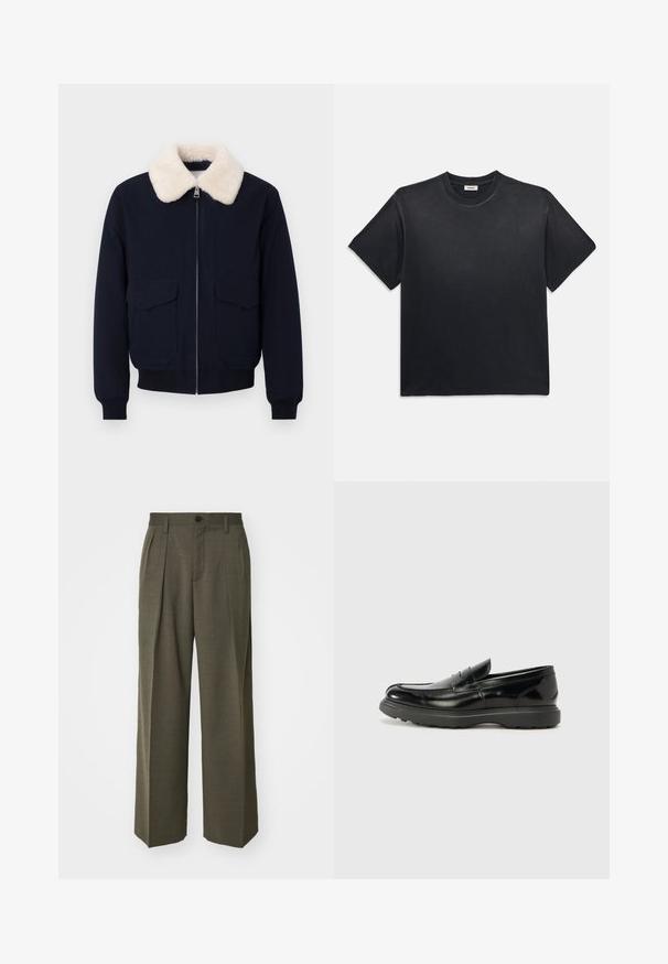 Námornícka bomber bunda s krémovým umelým kožušinovým golierom; má zipsové zapínanie a dve predné vrecká; rebrované manžety a lem.; Čierne bavlnené tričko s okrúhlym výstrihom a krátkymi rukávmi. Má voľný strih, hladkú textúru a minimalistický dizajn.; Filippa K WIDE TROUSERS - Nohavice - driftwood; Čierne kožené mokasíny s lesklým povrchom, okrúhlou špicou, subtilnými švami a hrubou gumovou podrážkou pre zvýšenú odolnosť.
