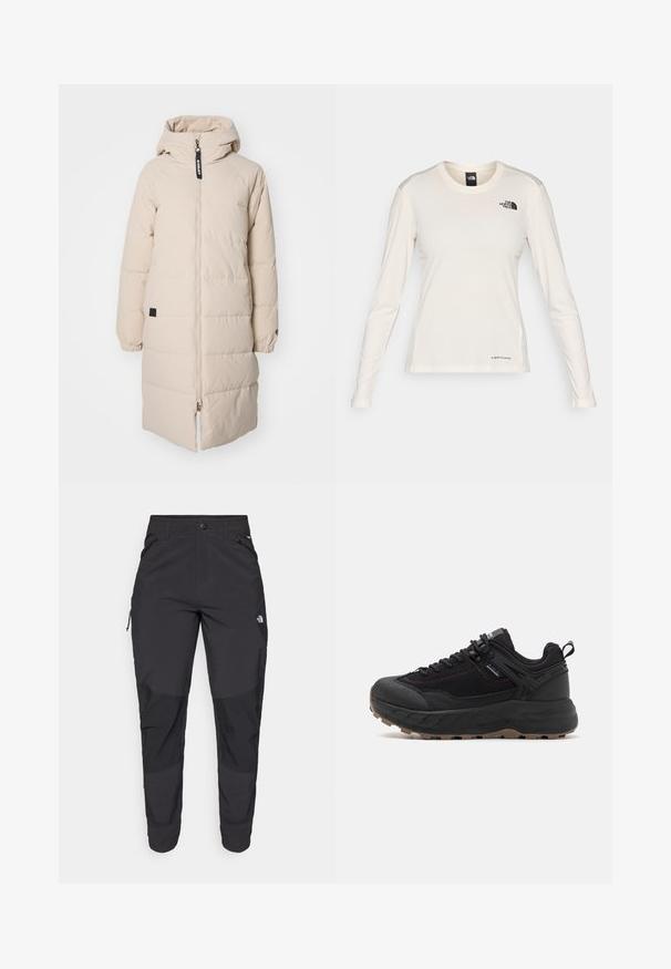 Beige knelange, polstret jakke med hette, frontglidelås, elastiske mansjetter og et lite svart logo-patch på siden. Glatt, lett stoff.; The North Face SHADOW LONG SLEEVE - Topper langermet - white dune; Svart utendørsbukser laget av slitesterkt stoff. Har glidelåslommer, forsterkede knær og en rett skjæring for bevegelighet.; Sorte idrettssko med en teksturert overdel av lær og stoff, mønstret såle, forsterket tå og justerbart snøresystem.