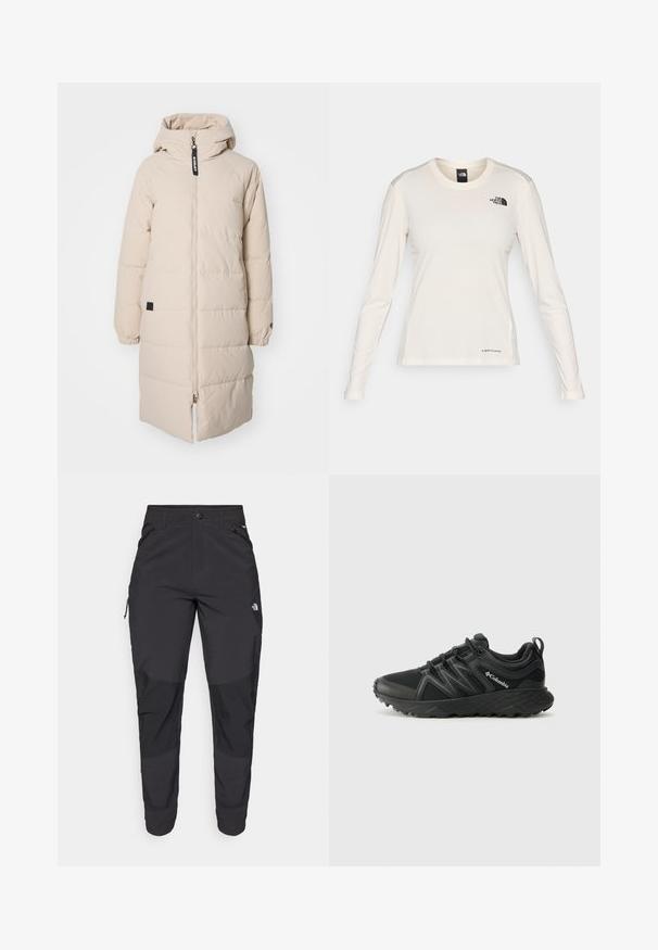 Beige, knielanger, gepolsterter Mantel mit Kapuze, Frontreißverschluss, elastischen Bündchen und einem kleinen schwarzen Logo-Patch an der Seite. Glattes, leichtes Material.; The North Face SHADOW LONG SLEEVE - Langarmshirt - white dune; Schwarze Outdoor-Hosen aus strapazierfähigem Material. Verfügen über Reißverschlusstaschen, verstärkte Knieeinsätze und ein gerades Design für Beweglichkeit.; Columbia PEAKFREAK - Hikingschuh - black