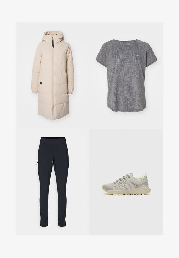Béžový prešívaný kabát do pol pása s kapucňou, predným zipsom, elastickými manžetami a malou čiernou logom na boku. Hladká, ľahká látka.; Sivá košeľa s krátkym rukávom, ktorá má jemný textúrovaný vzor, okrúhly výstrih a logo Columbia na hrudníku. Mäkká látka, voľný strih.; Čierne športové nohavice so slim fit strihom, elastickým pásom a bočnou vreckou so zipsom. Hladká, elastická tkanina s minimálnymi švami.; Columbia PEAKFREAK - Turistické topánky - dove/citron haze