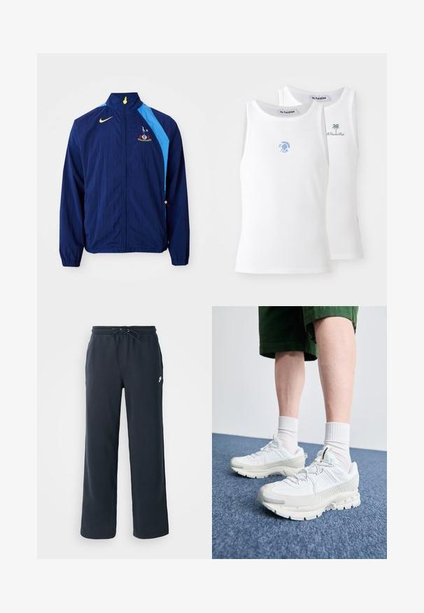 Laivasto tuulenpitävä takki, jossa on siniset sivukohdat, korkea kaulus ja Nike-logo. Varustettu joustavilla hihansuilla ja nyörillä helmassa.; Kaksi valkoista toppia, jossa on ribbitettu pinta, ja joissa on siniset ja vihreät brodeeratut logot. Toisessa on auringon muotoilu, toisessa palmu.; Tummansiniset hupparit, joissa on joustava vyötärö ja nauha. Valmistettu pehmeästä kankaasta, jossa on pieni valkoinen logo vasemmassa lantiossa.; Valkoiset urheilukengät, joissa on tekstuuriset päällysteet, paksu pohja ja harmaat yksityiskohdat. Yhdistetty valkoisiin putkisukkiin ja vihreisiin shortseihin sinisellä pinnalla.