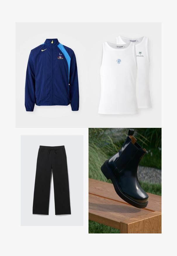 Tengerészeti szélvédő dzseki kék oldalsó díszítésekkel, magas gallérral és Nike logóval. Gumírozott mandzsettákkal és húzózsinórral a szegény.; Két fehér trikó, bordázott textúrával, kék és zöld hímzett logókkal. Az egyik napocska mintás, a másik pálmafás.; Fekete, bő szárú melegítőnadrág, puha anyagból készült. Jellemzője az elasztikus derékpánt, zsinórral és oldalsó zsebekkel. Simaságra jellemző textúra.; Fekete bőr Chelsea csizma sima felülettel, elasztikus oldalsó panelekkel, lekerekített orral és vastag gumi talppal, egy fa felület felett elhelyezve.