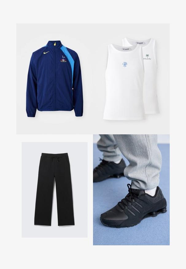 Navy windbreaker jacket with blue side accents, high collar, and Nike logo. Features elastic cuffs and a drawstring at the hem.; Two white tank tops, ribbed texture, featuring blue and green embroidered logos. One has a sun design, the other a palm tree.; Black wide-leg sweatpants made from a soft fabric. Features an elastic waistband with a drawstring and side pockets. Smooth texture.; Person wearing black Nike Shox sneakers and gray sweatpants standing on light blue carpet.