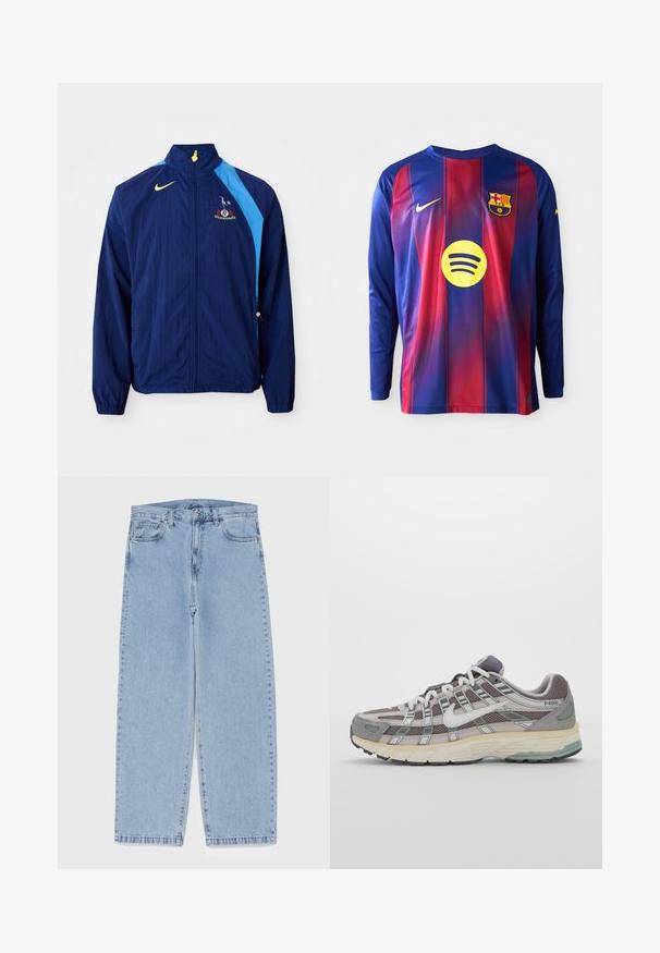 Tengerészeti szélvédő dzseki kék oldalsó díszítésekkel, magas gallérral és Nike logóval. Gumírozott mandzsettákkal és húzózsinórral a szegény.; Hosszú ujjú futballmez, amely kék és piros függőleges csíkokkal, Nike logóval, Barcelona címerével és egy kör alakú Spotify logóval rendelkezik a közepén.; Világoskék farmernadrág egyenes szárú kivitelben, közepes derékkal, öt zsebbel, gombos és cipzáros záródással.; Szürke sportcipő, hálós és velúr felsőrésszel, fehér részletekkel, párnázott talppal és jellegzetes dizájnnal, amely visszaverő elemeket tartalmaz.