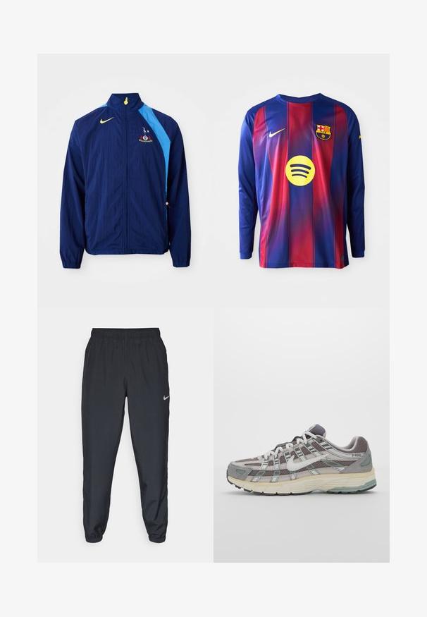 Veste coupe-vent marine avec des accents latéraux bleus, col haut et logo Nike. Présente des poignets élastiques et un cordon de serrage au bas.; Maillot de football à manches longues présentant des rayures verticales bleues et rouges, logo Nike, écusson du FC Barcelone et un logo circulaire de Spotify au centre.; Pantalon de jogging noir en tissu léger avec une ceinture élastique, des poignets aux chevilles et un logo Nike discret sur le côté gauche.; Chaussure de sport grise avec une tige en mesh et en daim, accents blancs, semelle rembourrée et un design distinctif avec des éléments réfléchissants.