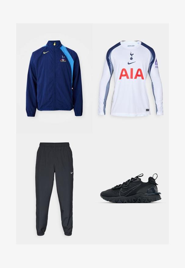 Navy windbreaker jacket with blue side accents, high collar, and Nike logo. Features elastic cuffs and a drawstring at the hem.; White long-sleeve football jersey with navy blue accents, featuring the Tottenham Hotspur logo and "AIA" in red across the front.; Black track pants made from lightweight fabric with an elastic waistband, ankle cuffs, and a discreet Nike logo on the left side.; Black athletic shoe with a breathable mesh upper, textured accents, and a wavy rubber sole. Features reflective logo and lacing system.
