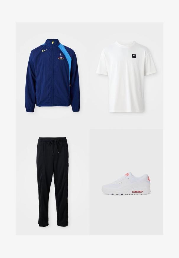 Jachetă de vânt navy cu accente laterale albastre, guler înalt și logo Nike. Prezentă manșete elastice și un șnur la tiv.; Tricou alb din bumbac, cu mâneci scurte și guler sub formă de cerc; prezintă un mic logo Nike Air, de culoare neagră, sub formă de dreptunghi pe pieptul stâng.; Pantaloni casual negri cu șnur la talie, cu buzunare laterale și croială dreaptă, pe un fundal simplu.; Adidașii albaștri de sport au o parte superioară netedă, sistem de închidere cu șireturi, talpă cu amortizare și o unitate de aer vizibilă cu accente roșii pe branding.