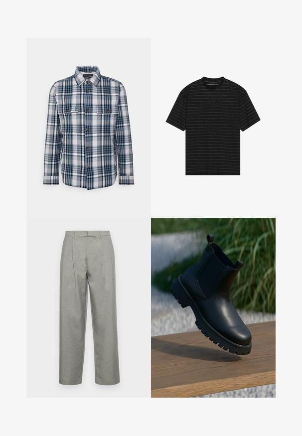 Marc O'Polo OVERSHIRT LONG SLEEVE - Casaco leve - multi/stormy sea; T-shirt preto de manga curta com finas riscas horizontais brancas. Feito de um tecido suave com decote redondo e corte descontraído.; Calças cinzas ajustadas, feitas de tecido texturizado, com design de perna reta, pregas frontais e uma cintura standard com passantes para cinto.; Botas de tornozelo em couro preto com painéis laterais elásticos, bico arredondado e sola robusta, exibidas sobre uma superfície de madeira.