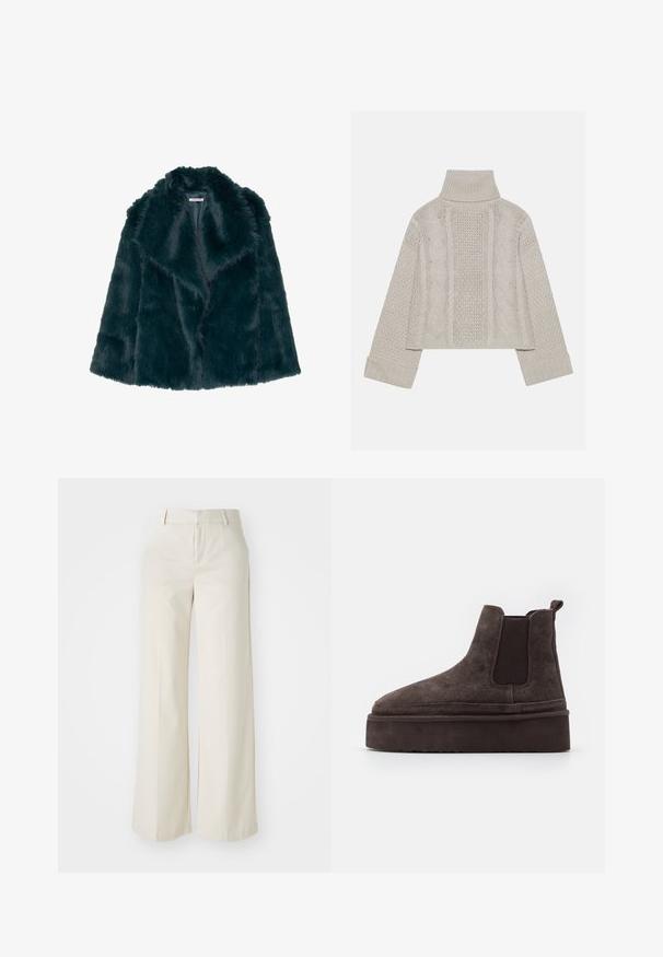 Ceză din blană artificială de culoare teal închis, cu o textură moale și pufoasă, și un guler larg, având un design deschis și fără închideri vizibile.; Pulover tricotat, de culoare gri deschis, cu guler înalt și manșete ribbrate, având modele texturate de cabluri pe spate și pe laturi.; Pantaloni cu picioare largi, de culoare bej deschis, dintr-un material neted. Prezintă un brâu clasic și un față plată cu linii curate.; Cizme Chelsea din suede maro, cu panouri elastice pe laterale și o talpă groasă, texturată. Dispun de un obiect de prindere la călcâi pentru a facilita îmbrăcarea.