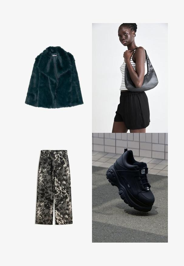 Krznen plašč iz umetnega krzna v globoki smaragdno zeleni barvi z mehko, puhasto teksturo in širokim ovratnikom, ki ima odprto sprednjo zasnovo in brez vidnih zapiral. ; Črna pulover majica z visoko ovratnikom, izdelana iz mehkega pletenega materiala. Ima dolge rokave in prilegajočo se zasnovo s ravnim robom.; Srednje visoke hlače širokih nogavic z teksturiranim črno-belem cvetličnem vzoru na sivi podlagi, ki imajo klasičen pas in sprednje žepe.; Črne masivne superge z gladko usnjeno površino, vezalnim sprednjim delom, oblazinjeno podplatom in vtisnjeno logotipom na strani. Opazen teksturiran podplat.; Črna usnjena torbica s ukrivljeno obliko, okrašena s srebrnimi žebljički ob šivu. Model nosi črtasto majico na bretele in črne kratke hlače.