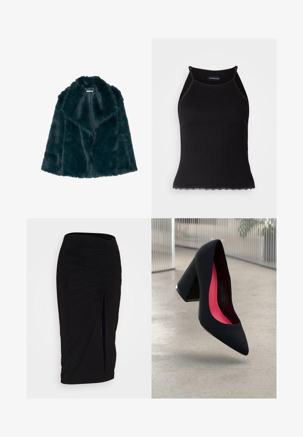 Cappotto in pelliccia sintetica di un intenso color te al profondo, con una texture morbida e soffice, dotato di un ampio colletto, caratterizzato da un design aperto e senza chiusure visibili.; Top in maglia nera a coste con bordo in pizzo ondulato all'orlo. Presenta spalline sottili e un design aderente. Realizzato in tessuto elasticizzato.; Gonna a tubino nera, arricciata, con dettaglio a fiocco e uno spacco laterale. Realizzata in un tessuto elasticizzato, presenta una texture liscia e un design aderente.; Scarpa con tacco alto nera, con punta affusolata, superficie testurizzata e un vivace interno rosa. Presenta un tacco spesso con un accento argentato.