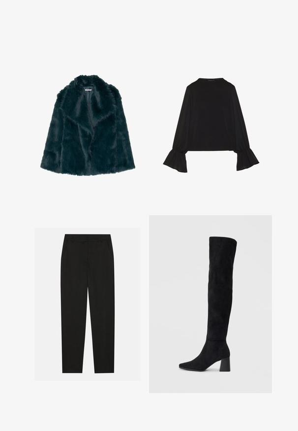 Faux fur coat in deep teal with a soft, fluffy texture, and a wide collar, featuring an open front design and no visible fastenings.; Black long-sleeve top featuring flared cuffs, soft texture, and a relaxed fit, with a simple round neckline.; Black trousers with a tailored design, featuring side pockets and a straight leg. Made from smooth, lightweight fabric with a sleek finish.; Black suede knee-high boot with block heel, pointed toe, and smooth, seamless design on a plain light background.