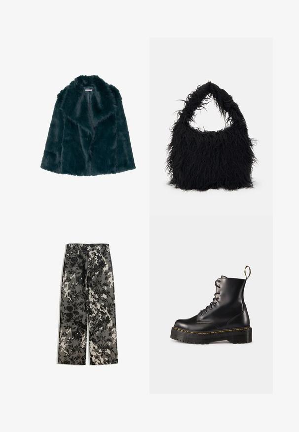 Faux fur coat in deep teal with a soft, fluffy texture, and a wide collar, featuring an open front design and no visible fastenings.; Three long-sleeve tops in light blue, black, and white. The design features a round neckline and a soft, lightweight fabric texture.; Mid-rise wide-leg pants in a textured black and white floral pattern on a gray background, featuring a classic waistband and front pockets.; Black leather lace-up ankle boots with a chunky black sole and yellow stitching. Features a pull tab at the back and circular metal eyelets.; Even&Odd Tote bag - black