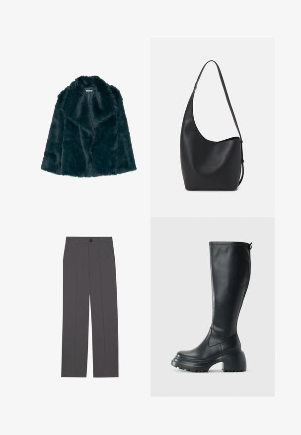 Faux fur-kåpe i dyp teal med en myk, fluffy tekstur og bred krage, med et åpent frontdesign og uten synlige festemidler.; Svart bomulls T-skjorte med korte ermer, med en liten rosa sommerfugl grafikk på venstre bryst. Crew-neck design med en avslappet passform.; Grå bukser med rette ben, med to sidelommer og knappestenging. Glatt stoff uten synlige mønstre eller detaljer.; Høy svart lærstøvel med chunky plattformsåle og blokkhelt, med trekkstang og teksturert mønster på yttersålen.; Svart lær hobo-veske med glatt tekstur, buet form og enkelt justerbart stropp; har en bred åpning på toppen.