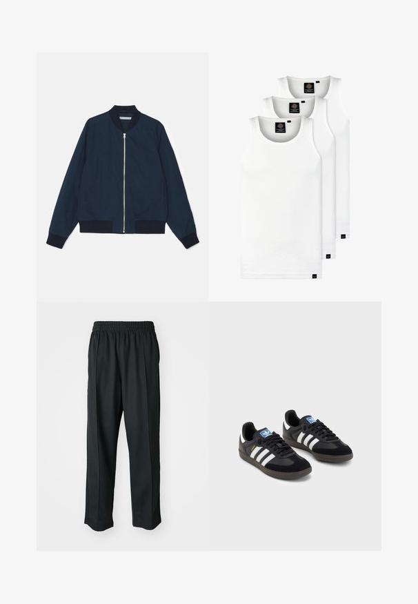Tengerészeti bombázódzseki bordás gallérral és mandzsettákkal, elülső cipzáras záródással és oldalsó zsebekkel; sima anyag matt felülettel.; Három fehér csíkos pamut trikó. Felső része kerek nyakkivágású, és a szegély közelében kis fekete címkék találhatók. Több méretben elérhető.; Fekete sportnadrág rugalmas derékkal, sima anyagból készült, finom oldalvarrással és laza illeszkedéssel, egyenes lábdesignnal.; Fekete sportcipők, velúrból és szintetikus anyagból készült felsőrésszel, három fehér csíkkal, textúrázott gumitalppal és kék logó címkével a nyelvén.