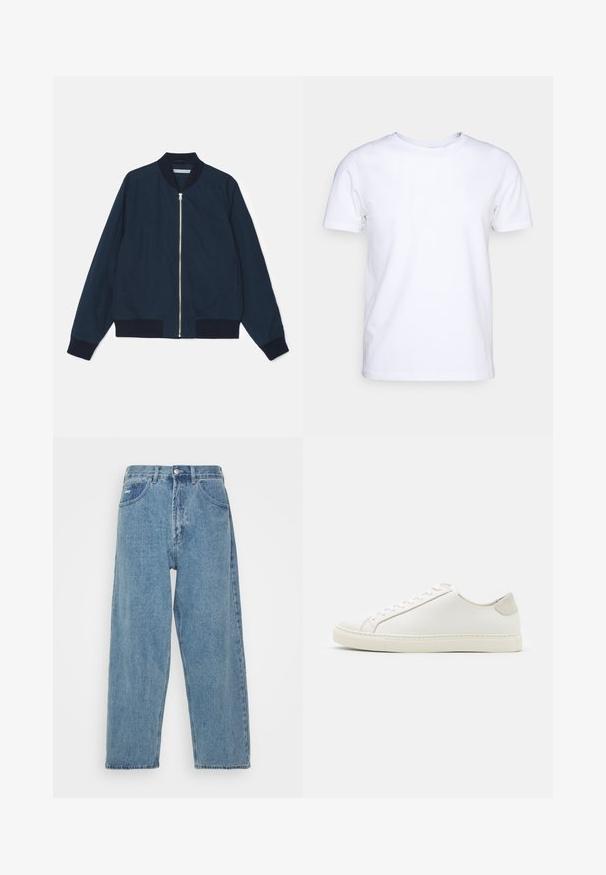 Tengerészeti bombázódzseki bordás gallérral és mandzsettákkal, elülső cipzáras záródással és oldalsó zsebekkel; sima anyag matt felülettel.; Fehér, rövid ujjú felső pamut anyagból, kerek nyakkivágással. Egyszerű dizájn, minta vagy díszítés nélkül. Sima textúra.; Világoskék farmernadrág, magas derekú, laza szabású, két elülső zsebbel, egy hátsó folttal, és gombos záródással.; Fehér bőr sneaker sima felülettel, kerek orral és minimalista dizájnnal. Bézs kiemelésekkel a sarokon és gumitalppal rendelkezik.