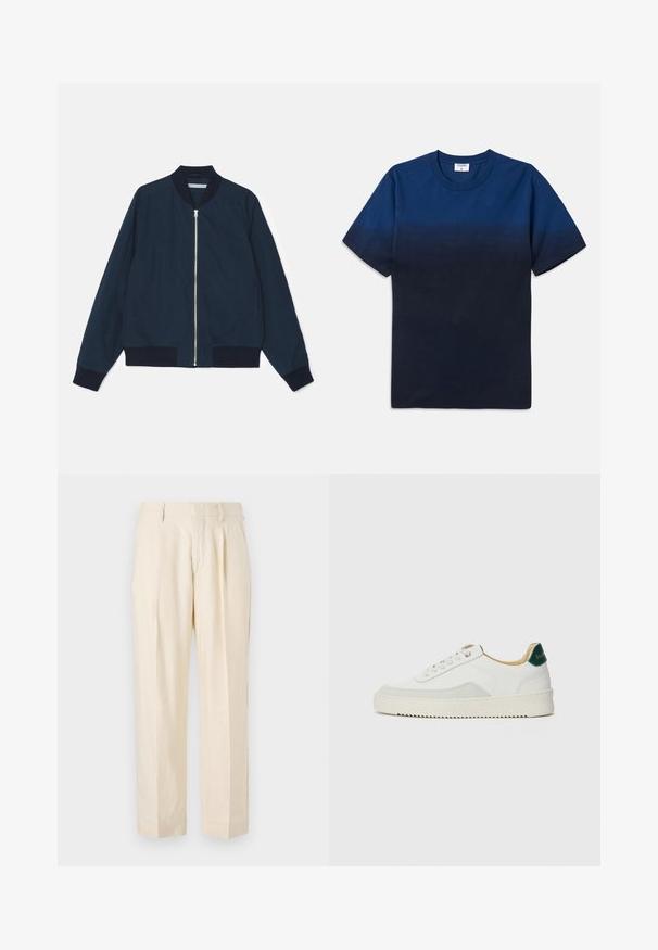 Tumes õhuline bomber-jakk, ribakrae ja -manšettidega, esine lukuga sulgemine ja küljetaskud; sile kangas mati viimistlusega.; Tumesinine puuvillane T-särk ümmarguse kaeluse, lühikeste varrukate ja peene gradientmustriga, mis üleminekut kergematest tumedamatesse toonidesse.; NN.07 KAY - Püksid - off white; Valged tennisjalanõud, millel on sametised aktsendid, ümar varvas, lame nöörid ja kreemjas kummine põhja. Hästi nähtav roheline bränding kannal.