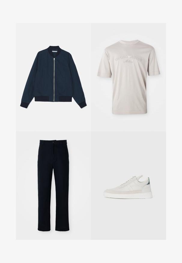 Marine bomberjakke med ribbestrikket krage og mansjetter, glidelås foran og sidelommer; glatt stoff med matt finish.; Lys beige kortermet T-skjorte laget av myk stoff, med brodert "Emporio Armani Milano"-logo i en litt mørkere nyanse.; Navyblå bukser laget av bomull, med rett ben-design, frontlukking med knapp og klassisk midje med beltehanker.; Hvite lær sneakers med grå semsket skinndetaljer, snøring, bånd for å dra opp, og en teksturert gummisåle med en sikksakk-mønster.