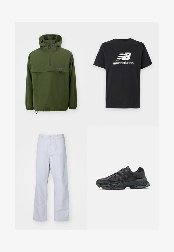 Zöld pulóverdzseki könnyű, vízálló anyagból. Cipzáras nyakkal, állítható kapucnival és zsebbel rendelkezik, amely húzózsinórral záródik.; Fekete pamut póló, fehér New Balance logóval és grafikai dizájnnal az elején. Rövid ujjú és kerek nyakú.; Világoskék, egyenes szabású pamut nadrág. Elöl zsebből, cipzáras záródással és egy fém gombbal rendelkezik a derékon.; Fekete futócipő, mely háló és szintetikus anyagok keverékéből készült, vastag talppal, ívelt kialakítással és hangsúlyos logóval az oldalon.