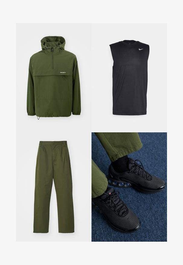 Green pullover jacket made of lightweight, water-resistant fabric. Features a zip neck, adjustable hood, and front pocket with drawstring.; Black sleeveless athletic shirt made of smooth fabric, featuring a round neck and a small white Nike swoosh logo on the upper left side.; Olive green, high-waisted pants with a straight leg design. Made of a lightweight fabric, featuring front pleats and a button closure.; Black athletic shoes with a mesh upper, textured surface, and visible air cushioning pods. Paired with olive green pants and black socks.