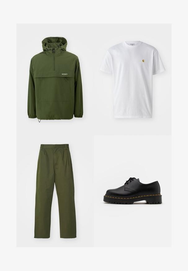 Grüne Pulloverjacke aus leichtem, wasserabweisendem Material. Verfügt über einen Reißverschlusskragen, eine verstellbare Kapuze und eine Fronttasche mit Kordelzug.; Weißes Baumwoll-T-Shirt mit kurzen Ärmeln, Rundhalsausschnitt, mit einem kleinen goldenen Logo im linken Brustbereich. Weicher Stoff und normale Passform.; Olivgrüne, hochgeschnittene Hose mit geradem Bein. Hergestellt aus einem leichten Stoff, mit Vorderfalten und einem Knopfverschluss.; Schwarze Leder Schnürschuhe mit runder Spitze, strukturiertem Gummisohle und gelben Nähten um den Rand. Flaches Design und glatte Oberfläche.