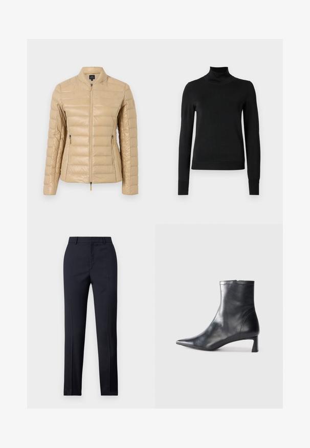 Svijetlosmeđi puffer jakna s prilagođenim dizajnom, kvadriranim uzorkom, stojećim ovratnikom, prednjim zatvaračem i bočnim džepovima. Ima minimalno označavanje.; Crna dugosruga majica s rolijom i rebrastim manžetama i donjim rubom, prikazana na jednostavnoj bijeloj pozadini.; Mornarsko plave krojene hlače ravnog kroja, sa glatkom teksturom, dvije prednje džepove i urednim pojasom.; Crne kožne gležnjače s uskim vrhom i elegantnim dizajnom. Imaju niski potpetak i zatvaranje na patentni zatvarač straga. Glatka tekstura.