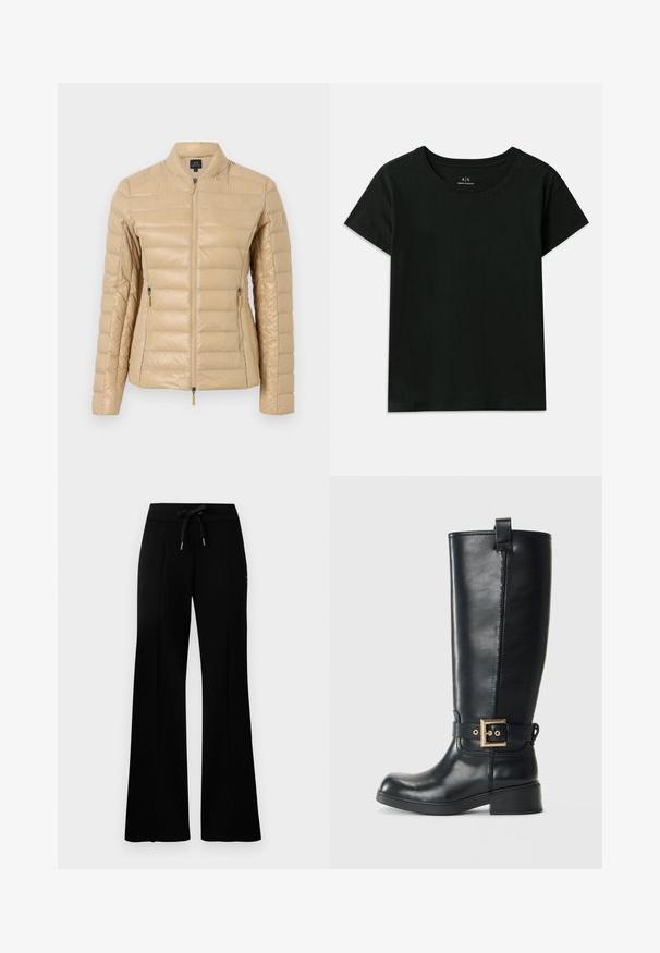 Ljusbeige puffjacka med en figursydd design, quiltad struktur, ståkrage, framzipper och sidofickor. Har minimal märkning.; Svart kortärmad T-shirt i bomull. Har en rund hals och präglad "Armani Exchange" text längs axeln. Enkelt design.; Svarta vida sweatpants med dragsko i midjan, sidofickor, mjukt tyg och en stilren design.; Svart läderstövel i knähöjd med låg blockklack, dekorativt guldspänne runt vristen och en dragrem högst upp.