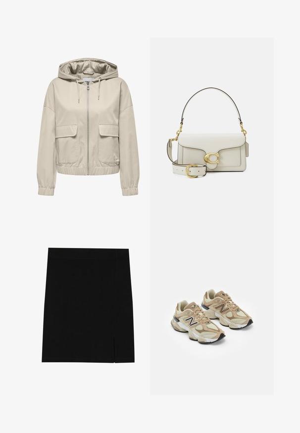 Beżowa, lekka kurtka z kapturem, z zamkiem błyskawicznym z przodu, dwiema kieszeniami naszytymi i elastycznymi mankietami oraz dołem. Gładka tekstura, casualowy design.; Szary sweatshirt z kołnierzem na zamek błyskawiczny w połowie długości, ściągaczami przy rękawach i małym, haftowanym logo na piersi. Miękka dzianina bawełniana.; Czarna mini spódnica z miękkiego materiału, o dopasowanym kroju, z delikatnym rozcięciem po boku dla dodatkowego akcentu.; Beżowe sneakersy z siateczki i zamszu. Zawierają czarne logo i teksturowane akcenty. Gruba biała środkowa podeszwa i czarna gumowa podeszwa.; Biała skórzana torebka z zapięciem w złotym odcieniu, czarnymi akcentami, odczepianym paskiem na ramię oraz usztywnioną konstrukcją z klapką.