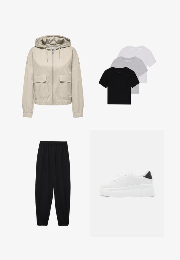 Beige lett jakke med hette og glidelås foran, to lommer på brystet og elastiske mansjetter og nederkant. Glatt tekstur, uformelt design.; Sett med tre kortermede t-skjorter i svart, grått og hvitt. Laget av bomull, med rund hals og en enkel, ensfarget design.; Svarte, lette bukser med elastisk liv og rynkede ankler. Stoffet er glatt og har en avslappet, innsvingt design.; Hvite plattform sneakers laget av glatt syntetisk materiale, med rund tå, snøring og en strukturert gummisåle. Svart hæl akcent.