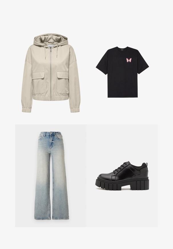 Bež kerge kapuutsiga jakk, millel on ees lukuga kinnitus, kaks plaastritaskut ning elastsed mansetid ja lõhik. Siledat tekstuuri, iga päev kandmiseks sobiv disain.; Must muströöpidega must puuvillane T-särk, vasakul rinnal on väike roosa liblikas. Ümar kaelus ja vabalt istuv lõige.; Heledad sinine laia säärega teksapüksid, mis on valmistatud denimist, kõrge vöökoht, viis taskut ja nähtav õmblemine õmbluste ääres.; Must musta platvormsussid paksu plokkninal, ümmarguse varbaga ja traditsioonilise nööridega kinnitamisega. Sussid on sileda tekstuuriga ja minimaalsete detailidega.