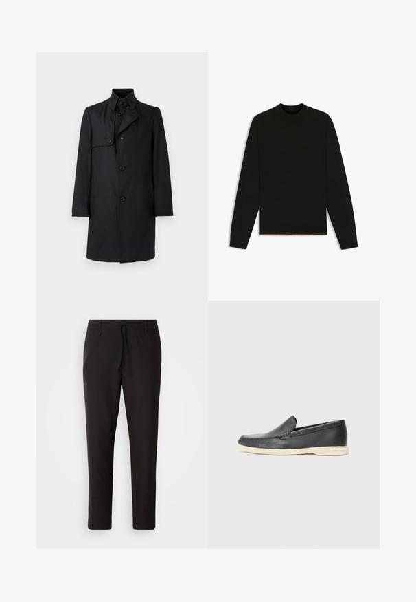 Abrigo negro tipo gabardina con cuello alto, cierre de cinco botones, dos bolsillos laterales y una textura de tela lisa y pulida.; Suéter negro de punto con mangas largas y cuello alto. Presenta un detalle dorado en el dobladillo. Textura suave y diseño ajustado.; Pantalones de chándal negros de tejido suave. Cuentan con una cintura elástica con cordón, piernas ajustadas y sin bolsillos visibles. Diseño sencillo.; Mocasines de piel negra sin cordones con un acabado texturizado y una suela de goma beige en contraste. Presentan un sutil acento en la parte frontal.