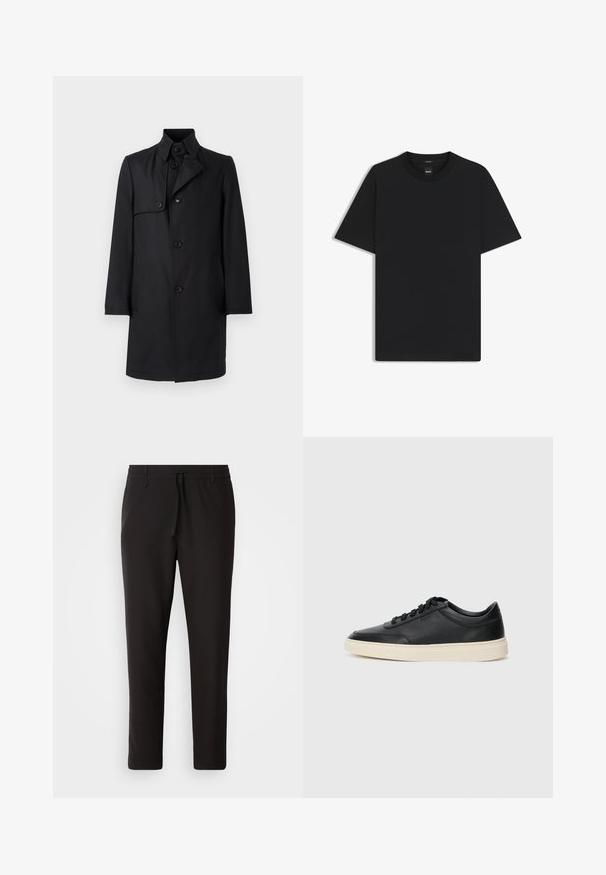 Czarny trencz z kołnierzem stójką, zapinany na pięć guzików, z dwoma kieszeniami po bokach i gładką, elegancką fakturą tkaniny.; Czarny t-shirt krótki rękaw wykonany z gładkiej mieszanki bawełny, z okrągłym dekoltem i minimalistycznym designem bez wzorów czy akcentów.; Czarne spodnie dresowe wykonane z gładkiego materiału. Posiadają elastyczny pas ze sznurkiem, zwężane nogawki oraz brak widocznych kieszeni. Prosty design.; Czarne niskie skórzane sneakersy z czarnymi sznurówkami i off-white podeszwą, prezentowane w profilu bocznym na białym tle.