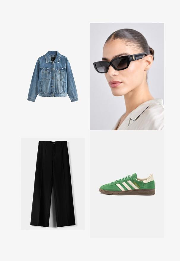 Svetlomodrá džínsová bunda s zapínaním na gombíky, dvoma vreckami na hrudi a perlovými ozdobami pozdĺž goliera. Dlhé, mierne nadmerné rukávy.; Biela košeľa s gombíkmi a špicatým golierom, dlhými rukávmi a malým modrým logom na ľavej hrudi. Vyrobená z bavlnenej látky.; Čierne široké nohavice z ľahkého materiálu, s predným zapínaním na gombík a plochým predným dielom, s pekne ušitými lemami.; Zelené semišové tenisky s bielym trojpruhovým dizajnom, krémovými akcentmi a hnedou textúrovanou podrážkou. "SPEZIAL" vyšitý zlatom po boku.; Čierne obdlžnikové slnečné okuliare s tónovanými šošovkami, charakterizované robustnými rámami a zlatými kovovými detailmi na stranách. Hladký, lesklý povrch.