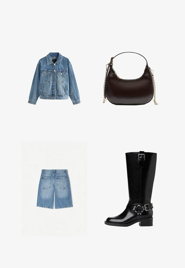 Vaaleansininen denim-takki, jossa on napitettava etuosa, kaksi rintataskua ja helmikoristeet kauluksessa. Pitkät, hieman ylisuuret hihat.; Kaksi hihattomaa toppia mustana ja valkoisena, valmistettu ribbikankaasta, jossa on pyöreät kaula-aukot ja tiukka muotoilu. Tunnisteet näkyvät molemmissa.; Vaalean siniset farkkushortsit, joissa on rento malli. Varustettu kahdella takataskulla ja suoralla lahjemuotoilulla. Sujuva rakenne vähäisellä haalistumisella.; Musta nahkasaapas, joka ulottuu polven ylle, pyöreällä kärjellä, paksulla korolla, säädettävällä hihnalla varustettuna, jossa on metalliset yksityiskohdat, sekä kiiltävällä pinnalla.; Mustassa nahkaisessa olkalaukussa on kaareva siluetti, joka sisältää kullanvärisen ketjuhihnan ja sileän, kiiltävän pinnan.