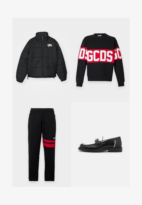 Juodas pūkinis švarkas su aukštu apykakle, užtrauktuku, šoninėmis kišenėmis ir išsiuvinėtu "Billionaire Boys Club" logotipu ant krūtinės.; Juodas džemperis su plačia raudona juosta ir didelėmis baltomis raidėmis "DSGDCS" per krūtinę. Klasikinis apvalus kaklas ir elastingos rankovės.; Juodi sportiniai džinsai su kontrastingomis raudonomis juostelėmis ir logotipu šone. Yra elastinga juosmens juosta su raišteliu ir siaurėjančiais kulkšnų kraštais.; Juodas odinis loaferis su apvaliu pirštu, baltomis detalėmis ir auksinėmis detalėmis ant priekinės dalies. Turi tekstūruotą detalę ir sluoksniuotą kulną.