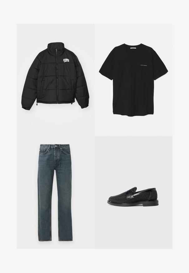 Melnā pūkainā jaka ar augstu apkakli, ar rāvējslēdzēju, sānu kabatām un izšūtu "Billionaire Boys Club" logotipu krūtīs.; Melnas kokvilnas T-krekls ar apaļu kaklu, īsām piedurknēm un baltu logotipa uzdruku kreisajā krūtī. Vienkāršs, vienkrāsains dizains.; Tumši zili džinsi ar taisnas kājas dizainu, kas aprīkoti ar piecām kabatām, pogu aizdari un kontrastējošiem dūrieniem.; Melnas austas slaidu kurpes ar gludu ādas akcentu augšpusē, apaļas formas purngalu un zemas profila gumijas zoli.