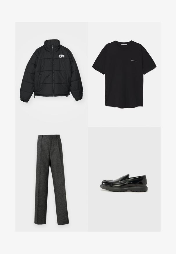 Melnā pūkainā jaka ar augstu apkakli, ar rāvējslēdzēju, sānu kabatām un izšūtu "Billionaire Boys Club" logotipu krūtīs.; Melnas kokvilnas T-krekls ar apaļu kaklu, īsām piedurknēm un baltu logotipa uzdruku kreisajā krūtī. Vienkāršs, vienkrāsains dizains.; Pelēki piegriezti bikses, izgatavotas no tekstūras auduma, ar diviem priekšējiem krokām un taisnu kāju dizainu. Nav redzamu kabatu vai rotājumu.; Melnas ādas loafers ar spīdīgu apdari, noapaļota pirksta forma, smalkas šuvju detaļas un bieza gumijas zole ilgstošai lietošanai.