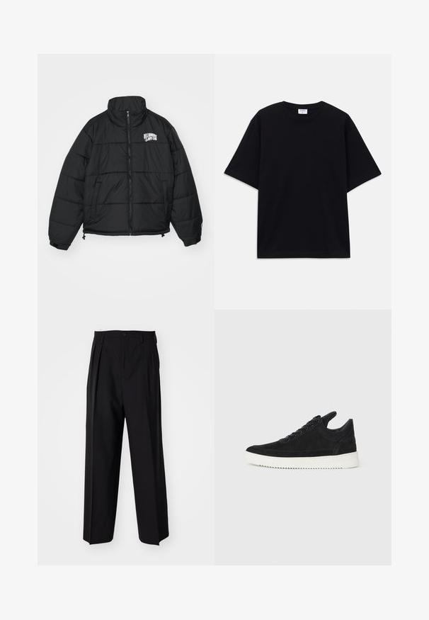 Čierna zateplená bunda s vysokým golierom, zipsom, bočnými vreckami a vyšitým logom "Billionaire Boys Club" na hrudi.; Čierne nadrozmerné tričko s krátkym rukávom a okrúhlym výstrihom, s viditeľnou značkovou etikou Filippa K vo vnútri goliera.; Čierne skladané nohavice s rovnom, širokým strihom. Vyrobené z hladkého materiálu, s gombíkovým zapínaním a pútkami na opasok.; čierne semišové tenisky s bielou gumovou podrážkou, s tonálnym prešívaním a šnurovaním. Hladká textúra s moderným, zjednodušeným tvarom.