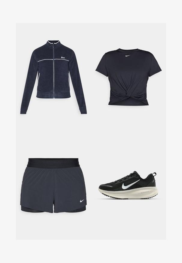 Mornarska jakna sa zipom napravljena od mekog materijala s bijelim detaljima i logotipom. Ima stojeći ovratnik, elastične rukave i prilagođeni rub.; Crni trenirac s kratkim rukavima izrađen od glatkog materijala, s čvorastim dizajnom sprijeda i malim bijelim Nike logotipom na prsima.; Crne atletske kratke hlače s elastičnom stražnjicom, imaju slojeviti dizajn i mali bijeli Nike logo na donjoj lijevoj strani. Lagani materijal.; Crne Nike trkačke tenisice s prozračnom mrežastom gornjom konstrukcijom, bijelim swoosh logotipom, teksturiranim detaljima i kremastom ZoomX srednjom potplatnom jedinicom.