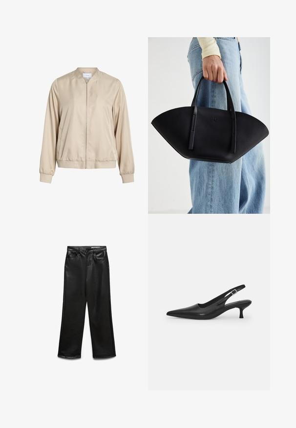 Jachetă bomber bej, realizată dintr-un material neted, cu guler rotund, fermoar în față și manșete și tiv elastic. Design simplu, fără modele.; Hanorac cu fermoar, de culoare gri deschis, cu glugă, având modele tricotate în cablu, tiv rib platformat și manșete rib. Perfect pentru stratificare.; Tricou scurt negru, cu maneci scurte și decolteu tip crew, confecționat dintr-un material de bumbac neted, având un design simplu și fără modele sau accente vizibile.; Pantaloni evazați din piele ecologică neagră, cu buzunare frontale, bucle pentru curea și luciu subtil. Textură netedă și croială ajustată.; Sandal din piele neagră, cu vârf ascuțit și toc subțire, curbat. Are o curea ajustabilă discretă, cu o cataramă din metal.; Geantă de piele neagră cu o formă unică de evantai, având mânere plate. Suprafața are o textură cu mici granule și un design minimalist.