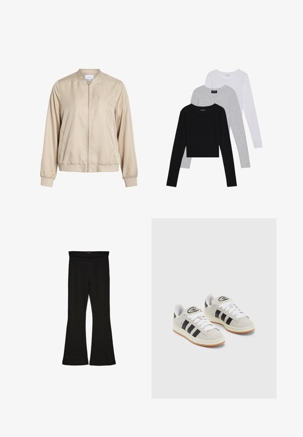 Chaqueta bomber beige hecha de tela suave, con cuello redondo, cierre frontal de cremallera y puños y dobladillo elásticos. Diseño simple sin patrones.; Tres camisetas de manga larga apiladas: negra, gris y blanca. Cada una tiene un escote redondo y un diseño recortado con una tela suave y ligera.; Leggings negros de campana hechos de una tela elástica. Con una cinturilla ancha y una textura suave, presentan una silueta ajustada que se ensancha en el dobladillo.; Zapatillas de ante gris con cordones blancos, rayas negras y suela de goma blanca. Presentan un logo circular en la lengüeta y una suela de goma.
