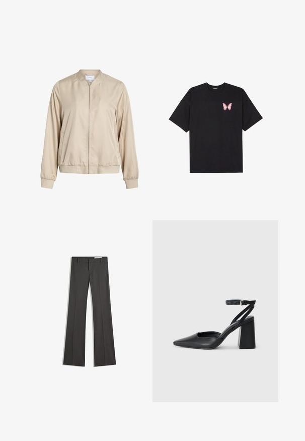 Beige bomberjack gemaakt van een gladde stof, met een ronde halslijn, ritssluiting aan de voorkant en elastische manchetten en zoom. Eenvoudig ontwerp zonder patronen.; Zwarte katoenen t-shirt met korte mouwen, voorzien van een kleine roze vlinder graphic op de linkerkant van de borst. Crew neck ontwerp met een relaxte fit.; Grijze flared broeken van een gladde stof, met een platte voorkant, riemlussen en een op maat gemaakt ontwerp met strakke lijnen.; Zwarte leren puntige pump met een enkelbandje en een chunky hak. Vlakke textuur, strakke vormgeving en minimalistische esthetiek.