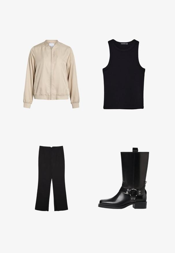 Giacca bomber beige realizzata in tessuto liscio, con colletto rotondo, chiusura a zip frontale e polsini ed orlo elastici. Design semplice senza pattern.; Canotta nera in cotone, caratterizzata da un colletto rotondo e ampi giromanica. Texture liscia con orli cuciti. Design classico e minimalista.; Pantaloni neri a gamba dritta, con tasche frontali e spacchi laterali all'orlo. Realizzati in tessuto morbido e liscio. Adatti a diverse occasioni.; Stivale in pelle nera alto fino al ginocchio con punta affusolata, dettagli in argento e tacco largo. Presenta un inserto per facilitare l'indossamento.