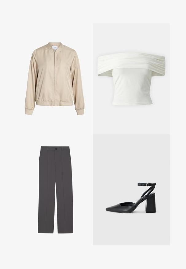 Beige bomber jacket made of smooth fabric, featuring a round neckline, zipper front, and elastic cuffs and hem. Simple design with no patterns.; Off-the-shoulder white top with pleated, structured neckline and fitted bodice. Made from soft fabric with a smooth texture.; Grey trousers with a straight leg design, featuring two side pockets and a button closure. Smooth fabric with no visible patterns or accents.; Black leather pointy-toe pump with an ankle strap and a chunky heel. Flat texture, sleek design, and minimalistic aesthetics.