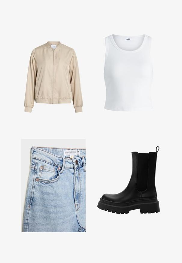 Bež bomber jakna od glatkog materijala, s okruglim izrezom, prednjim zatvaračem i elastičnim manžetama i donjim rubom. Jednostavan dizajn bez uzoraka.; Bijela rebrasta majica bez rukava s okruglim izrezom i skraćenom dužinom. Na etiketi piše "JJXX." Glatka tekstura tkanine.; Svijetloplave traperice s visokim strukom, pet džepova, hardverom u nijansi bakra i suptilnim izbljeđivanjem, s etiketom na pojasu.; Crne kožne Chelsea čizme s elastičnim bočnim panelima, debelim gumenim potplatom i zaobljenim vrhom. Teksturalna i glatka površina.